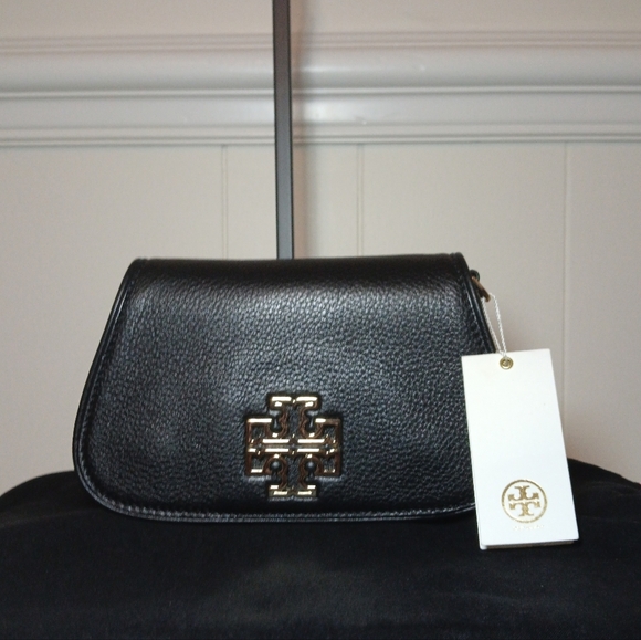 Tory Burch Black Leather Crossbody Bag Gold Logo | NWT Designer Purse - Picture 1 of 12